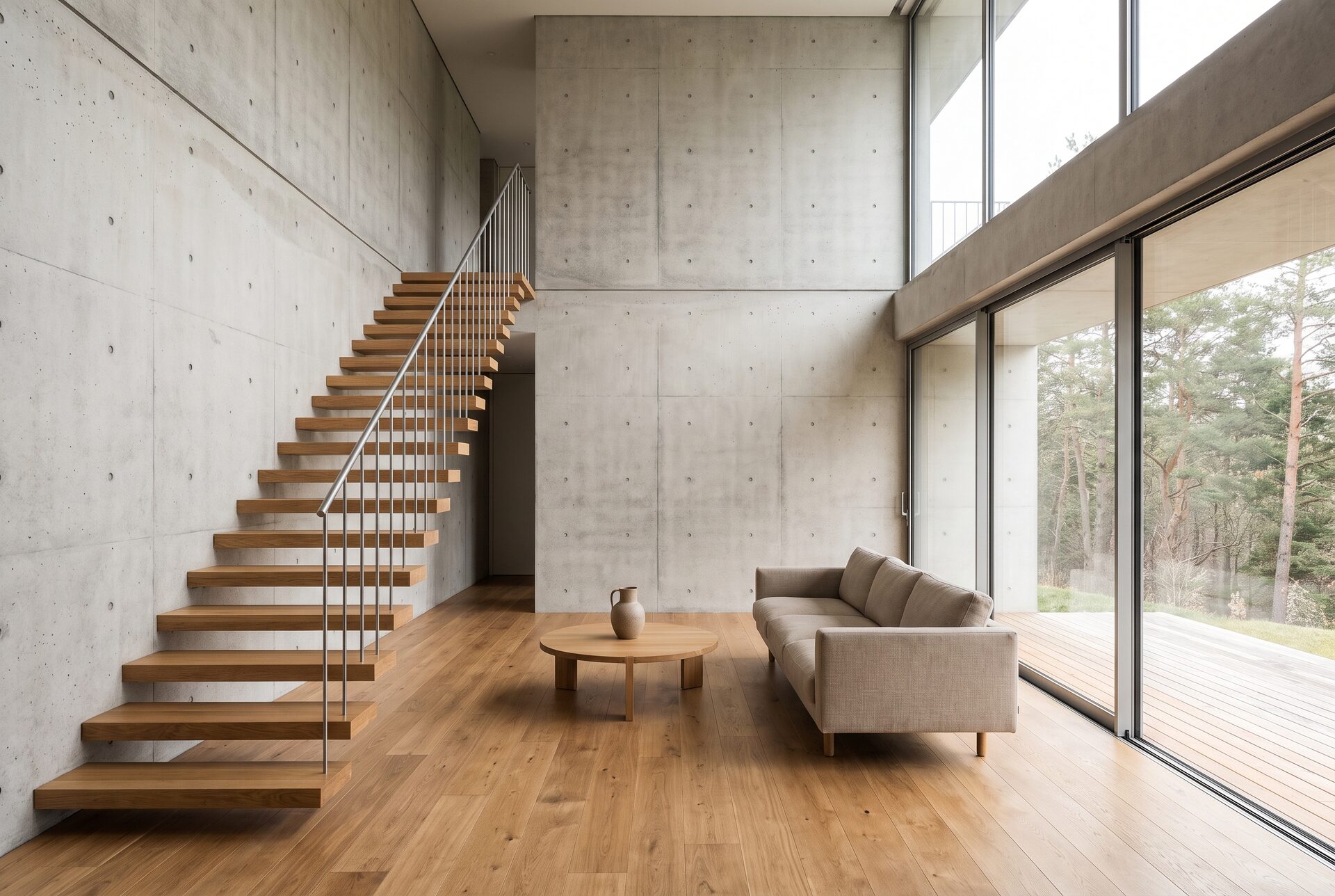 Wohnraum mit Sichtbeton und Eichenholz, warmes Tageslicht