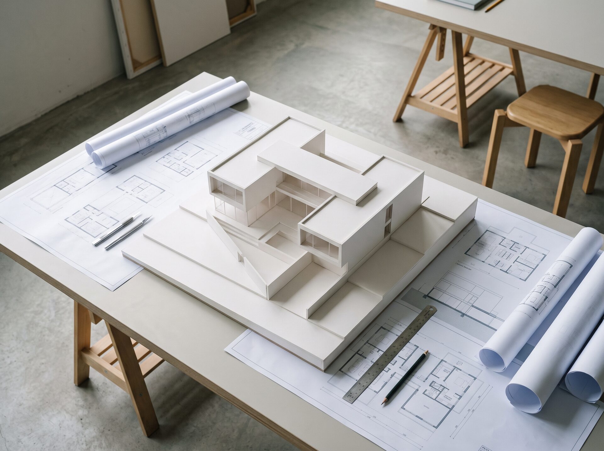 Weisses Architektur-Modell eines gestaffelten Baukörpers