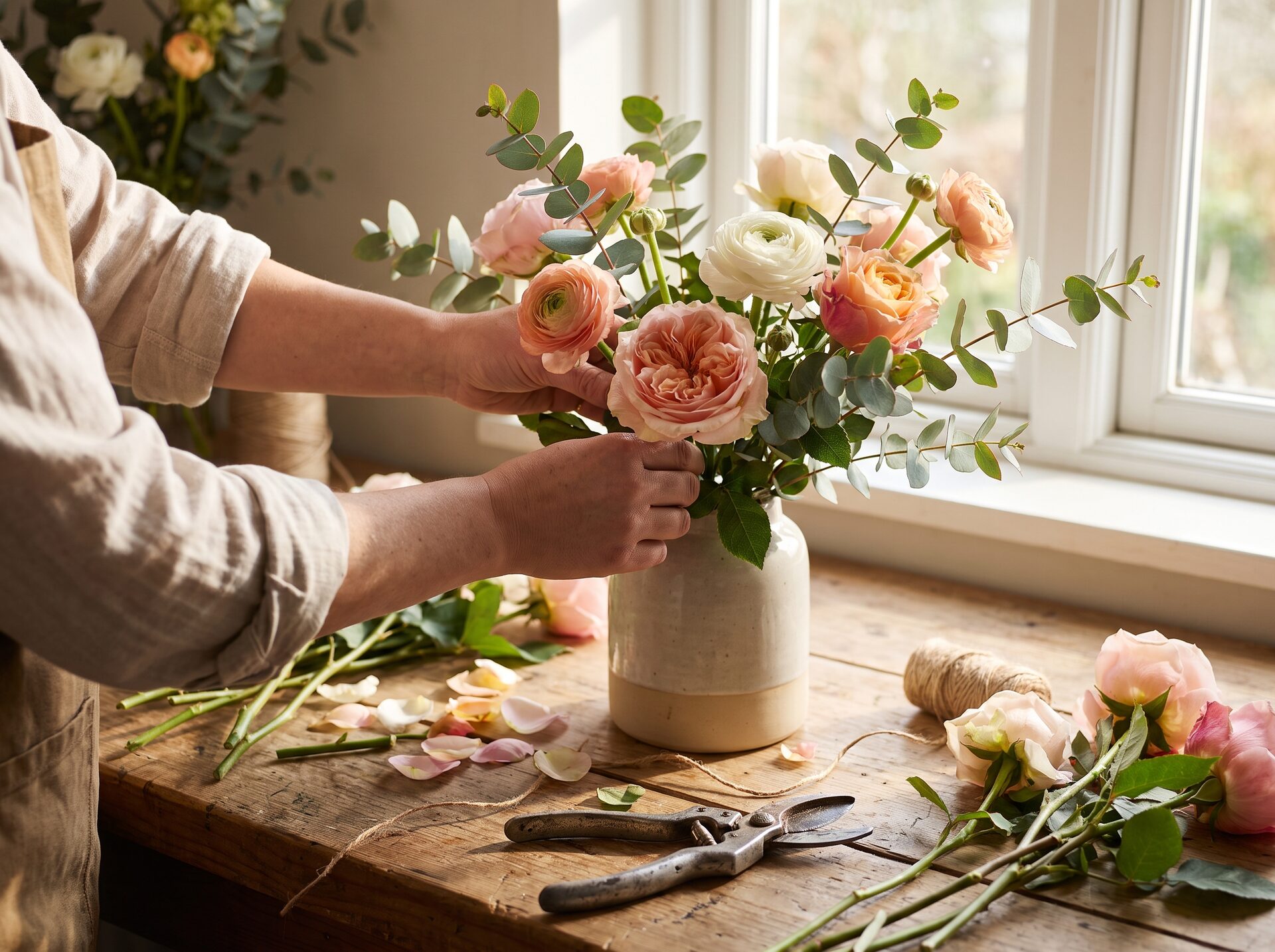 Floristin arrangiert zarte Blüten von Hand