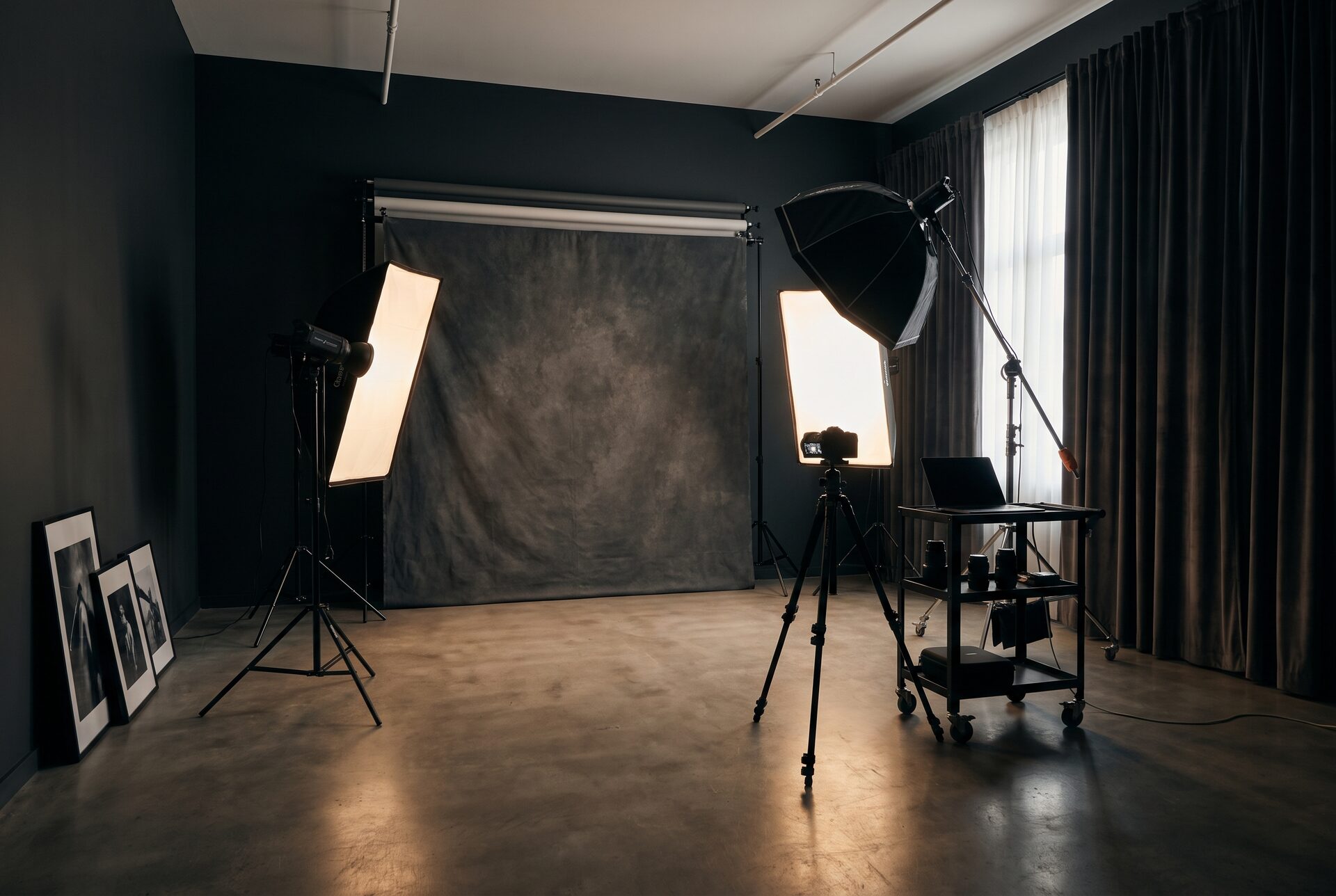 Blick ins Fotostudio mit Softboxen und warmem Licht auf dunkler Kulisse